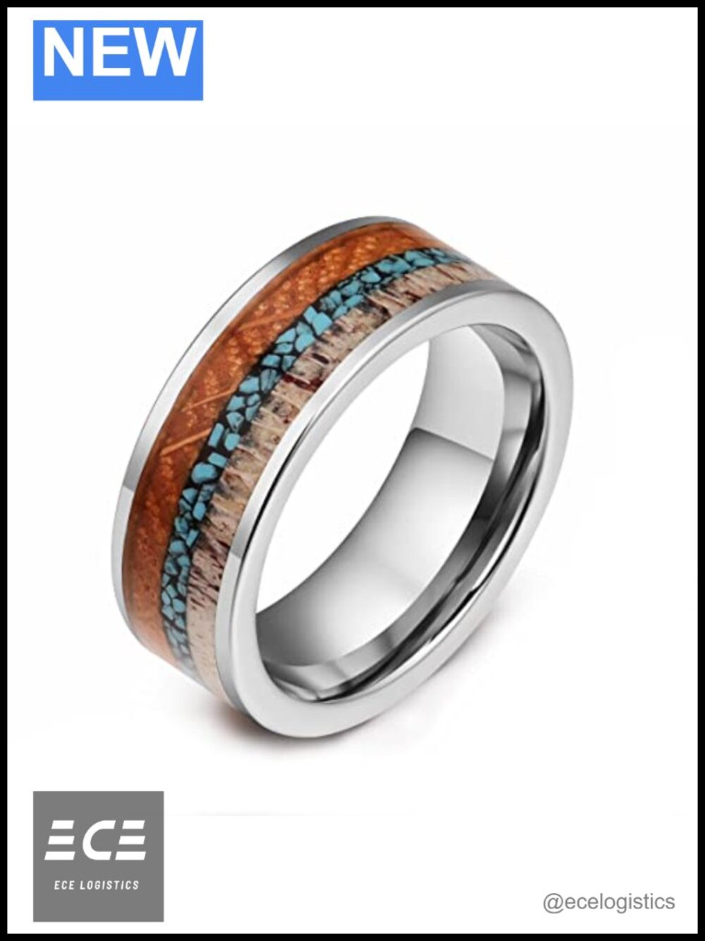 Tungsten Carbide Wedding Band Turquoise Wood Antler Inlay Ring 8mm